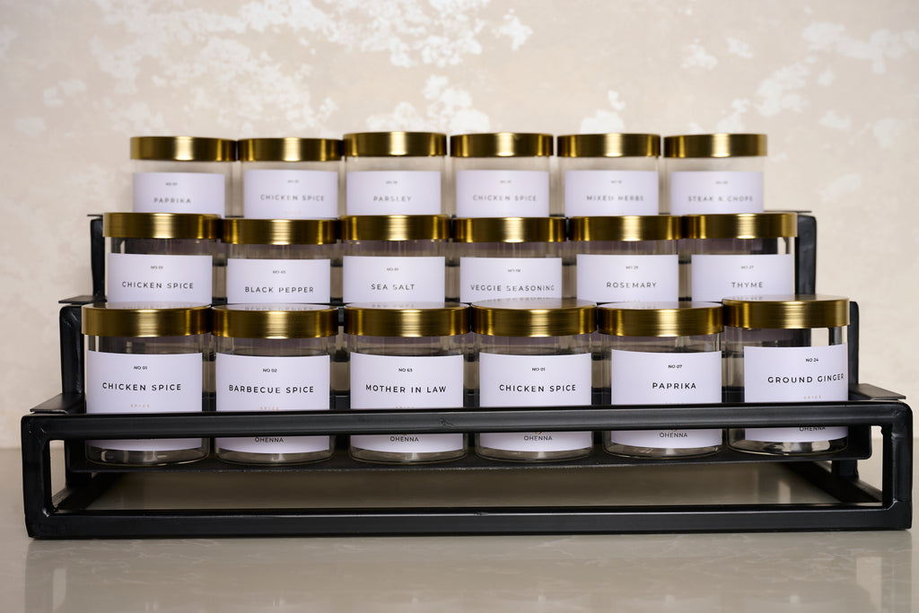 6 Jars with gold lid and white label