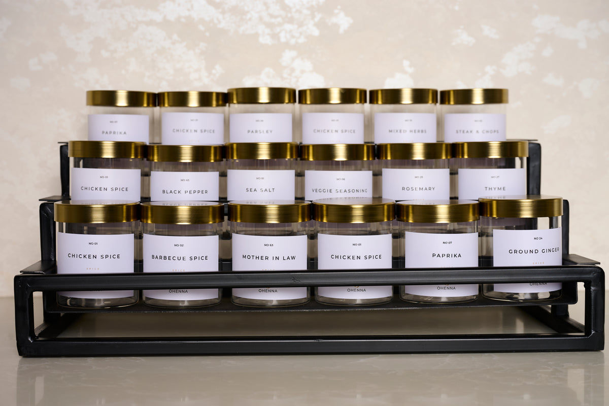 6 Jars with gold lid and white label