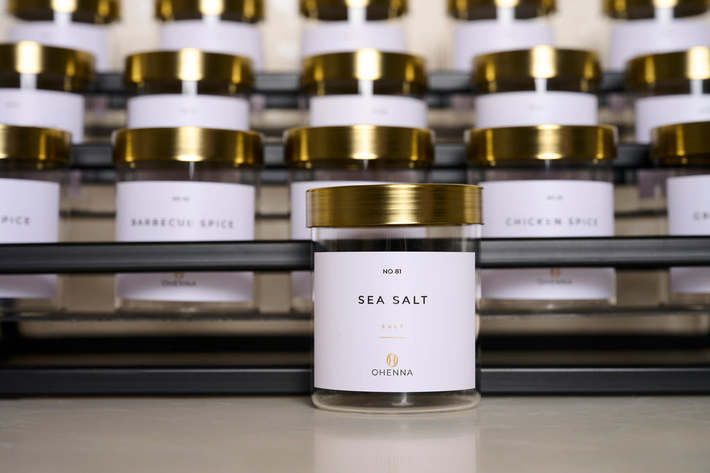 6 Jars with gold lid and white label