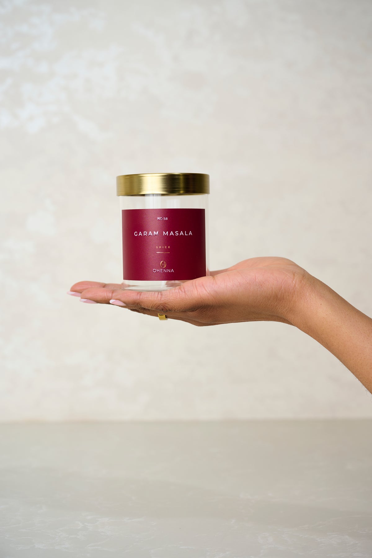 6 jars with gold lids and Burgundy Labels