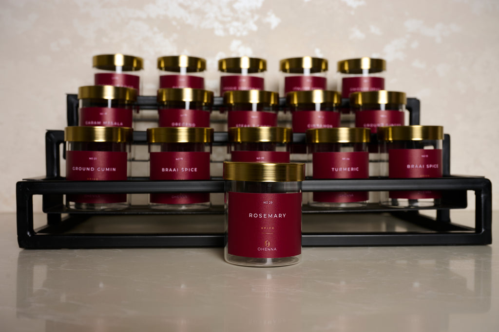 6 jars with gold lids and Burgundy Labels