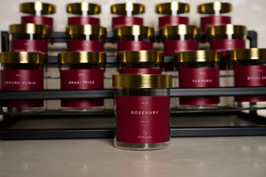 6 jars with gold lids and Burgundy Labels