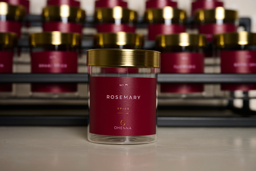 6 jars with gold lids and Burgundy Labels