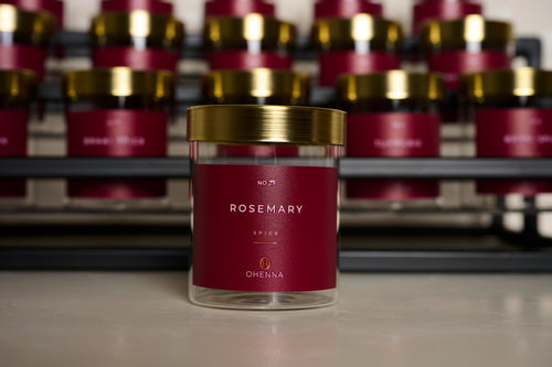 6 jars with gold lids and Burgundy Labels